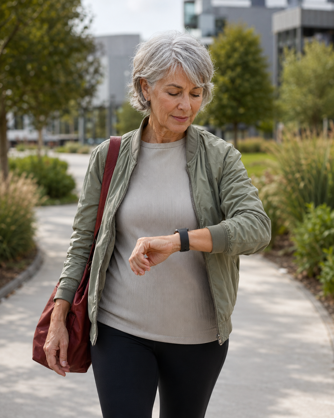 A person checking a wearable while walking outdoors